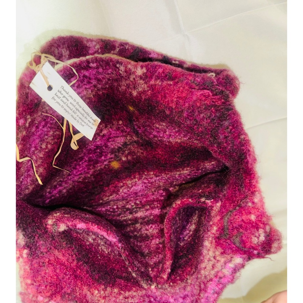 Handmade Wool Felted Boho Mushroom Bag Unique Artisan Tote Burgundy Pink - Picture 5 of 6